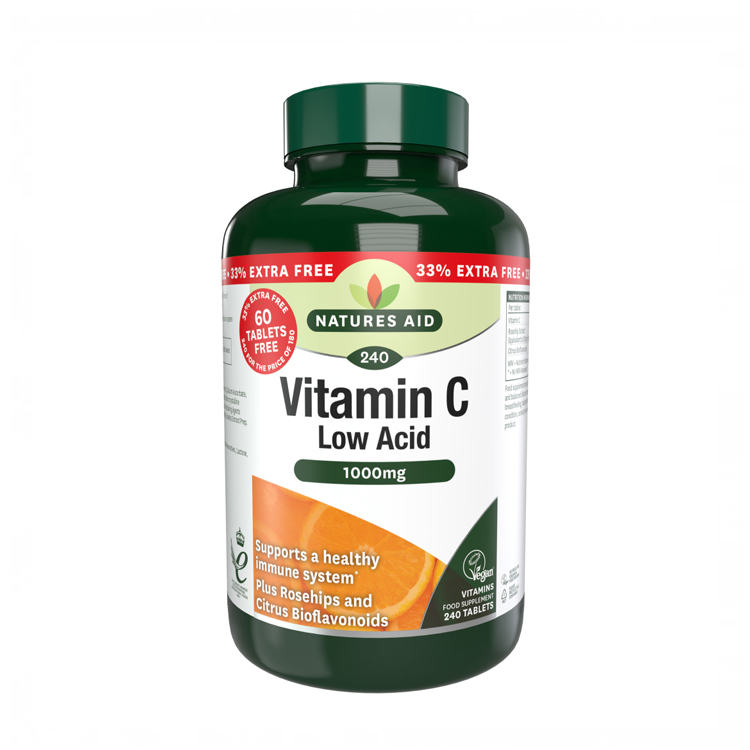 Natures Aid Vitamin C Low Acid 1000mg 240 Tabs (180+60 Free)